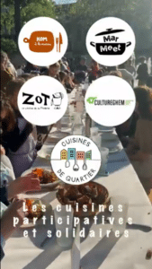Logos des 5 cuisines solidaires de Bruxelles : KOM à la maison, la MarMeet, Zot, Cultureghem, Cuisine de Quartier